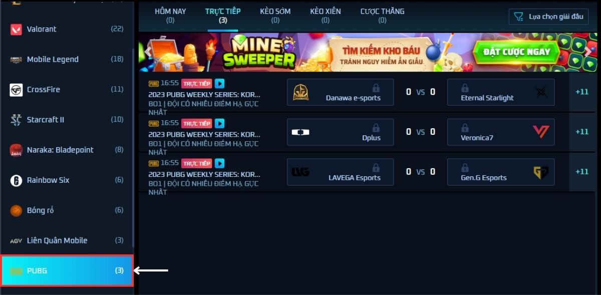 chọn trận đấu pubg để đặt cược