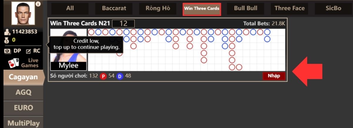 chọn win three cards trong sảnh chơi