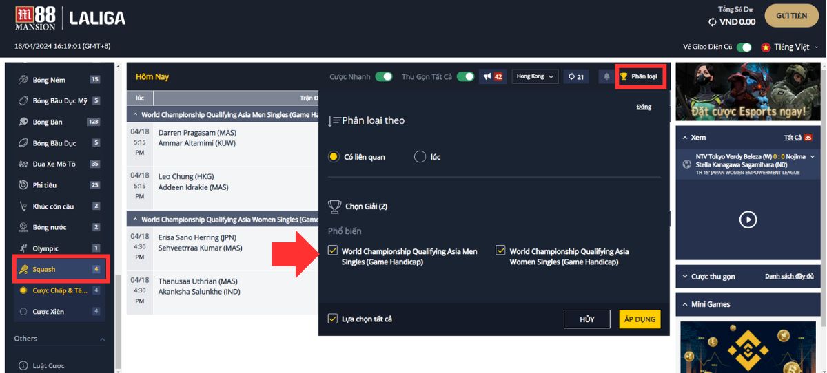 chọn trận đấu squash bạn muốn đặt cược