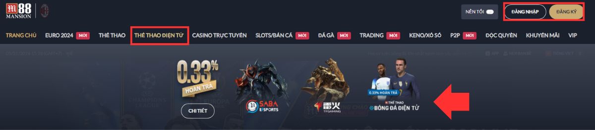 đăng nhập/đăng ký tài khoản và truy cập trang esports m88